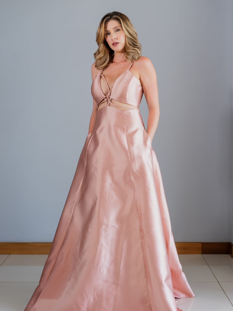 Vestido longo em zibeline com recortes