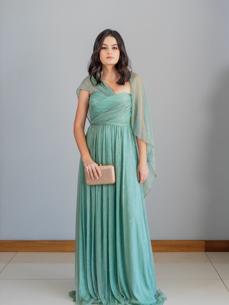 Vestido longo turquesa com fios dourados 3 em 1
